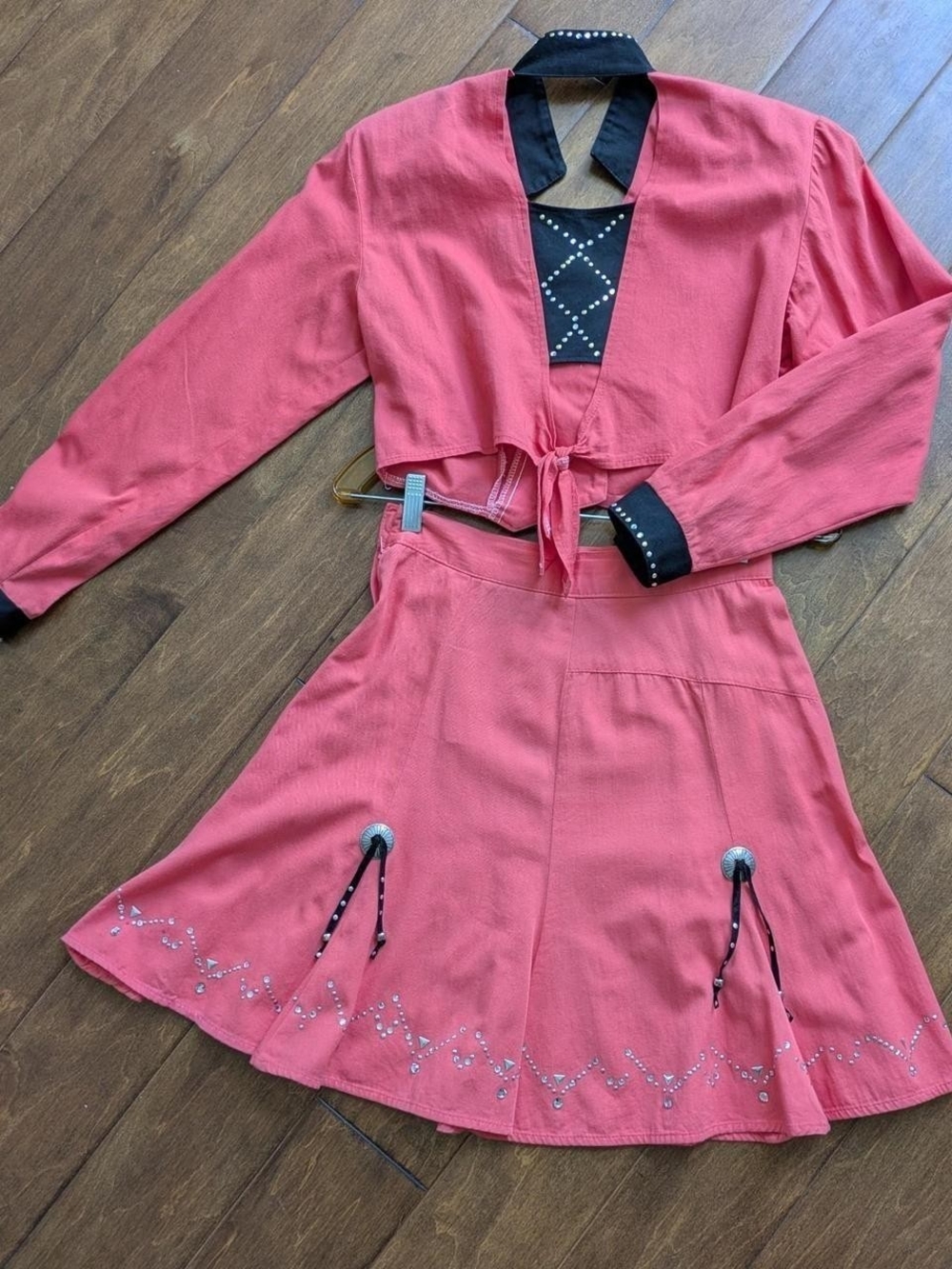 Vintage  Coral Pink Two-Piece Dress Set with Black Trim